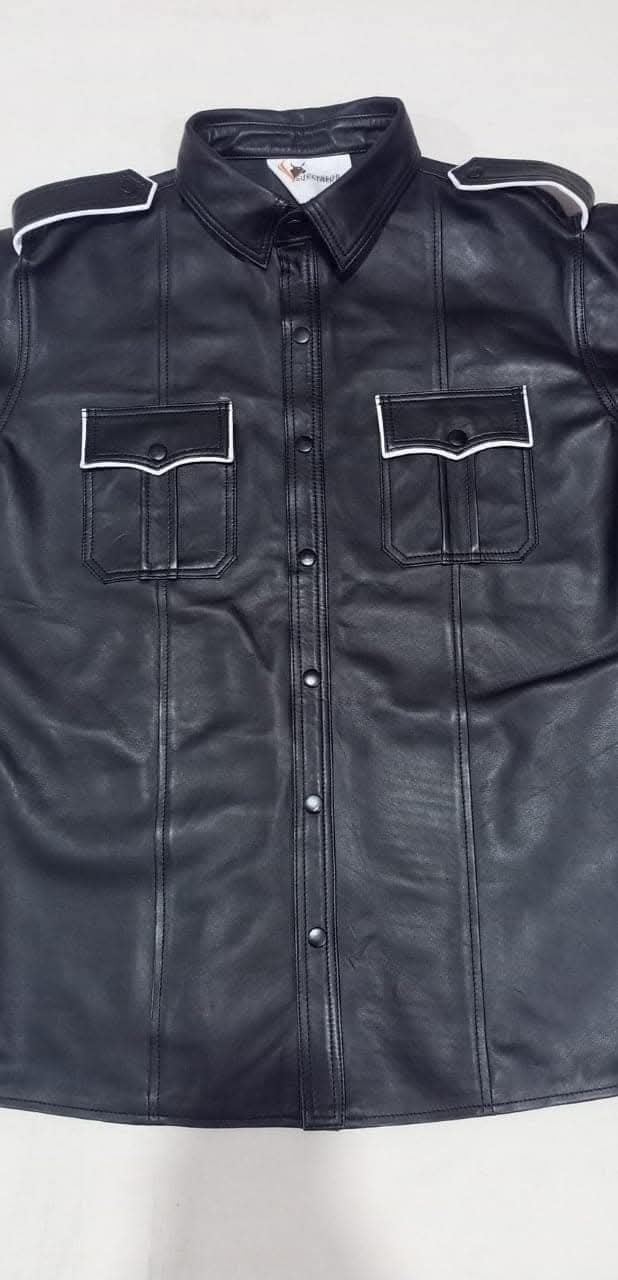 BLACK LEATHER SHIRT WITH WHITE PIPING