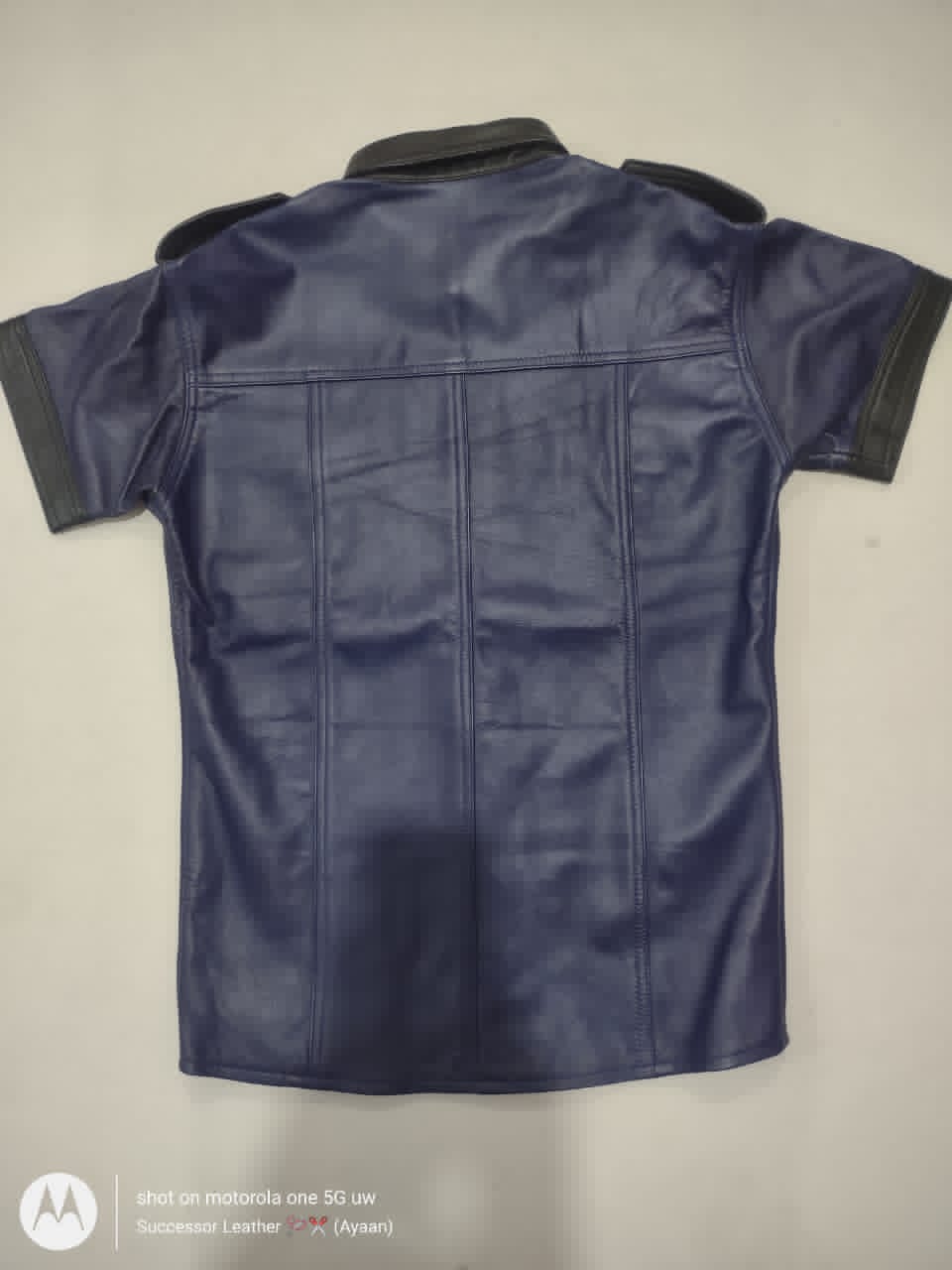 NAVY LEATHER SHIRT WITH BLACK CONTRAST.
