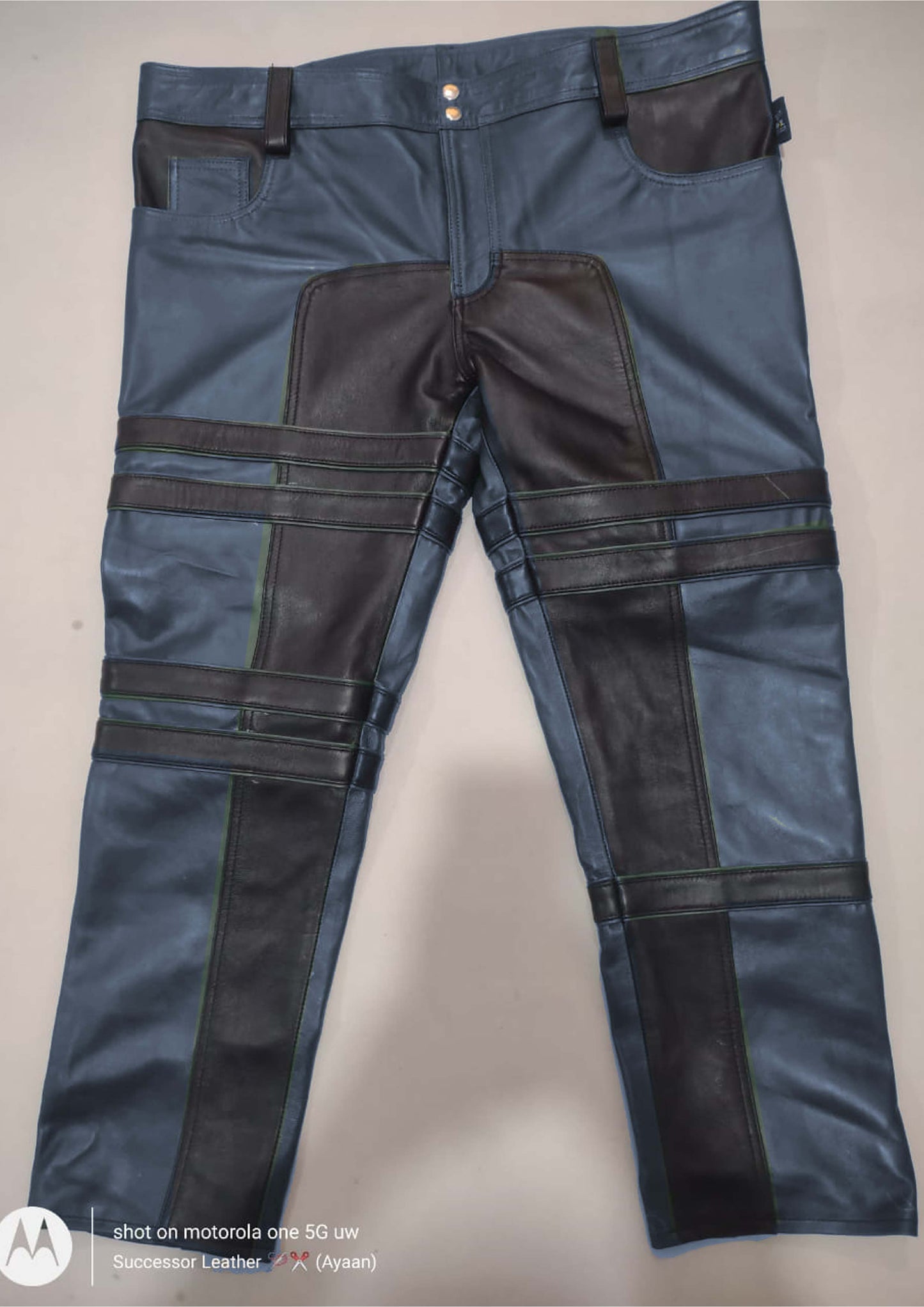 SHEEP LEATHER STRIPES PANT GREEN WITH BLACK CONTRAST