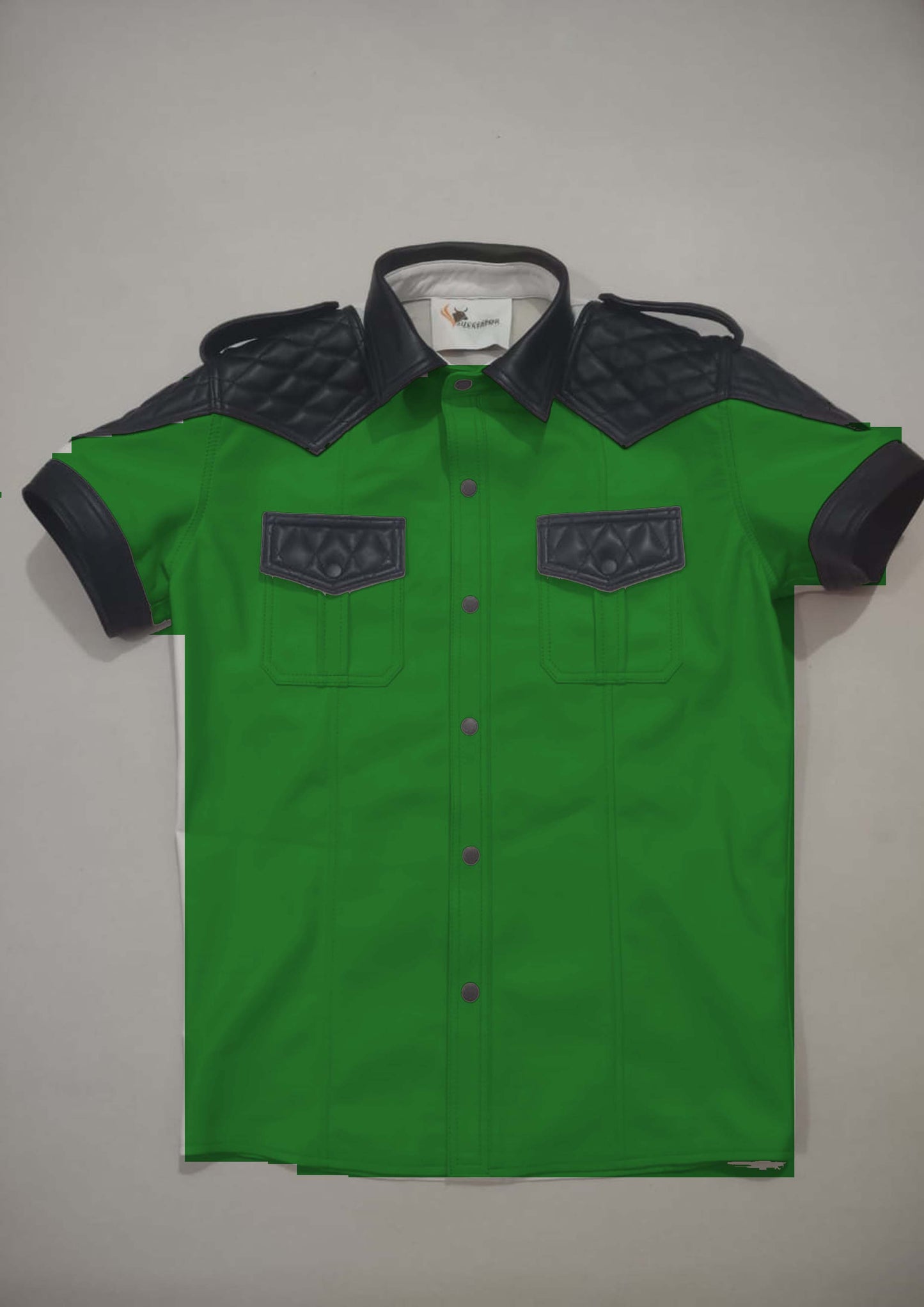 WHITE LEATHER SHIRT WITH BLACK QUILTED CONTRAST.