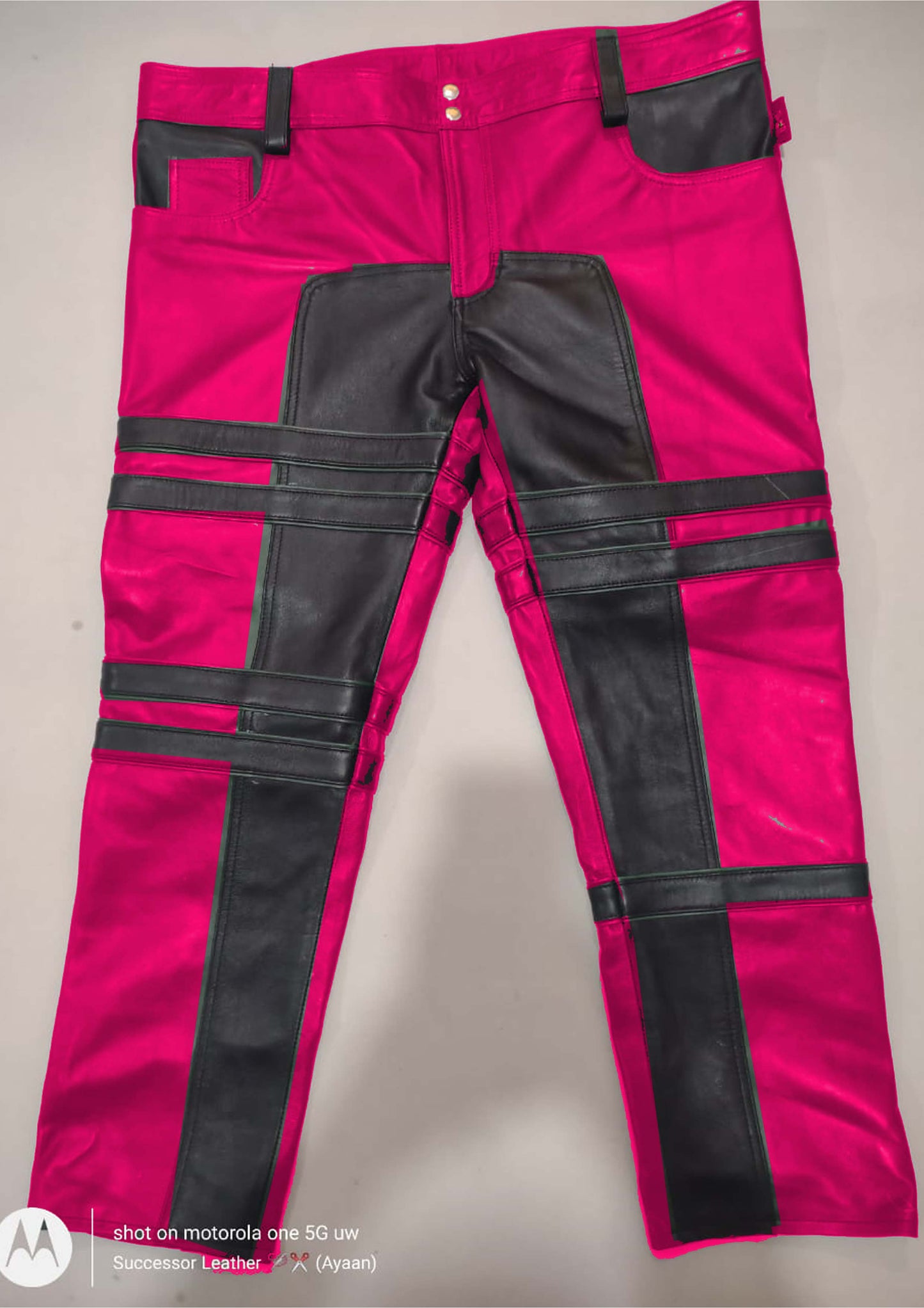 SHEEP LEATHER STRIPES PANT GREEN WITH BLACK CONTRAST