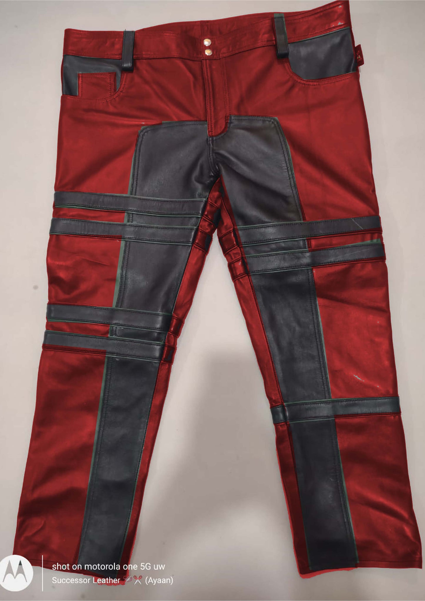 SHEEP LEATHER STRIPES PANT GREEN WITH BLACK CONTRAST