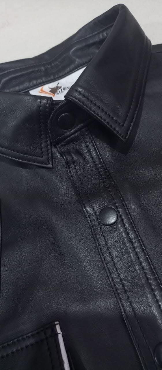 BLACK LEATHER SHIRT WITH WHITE PIPING