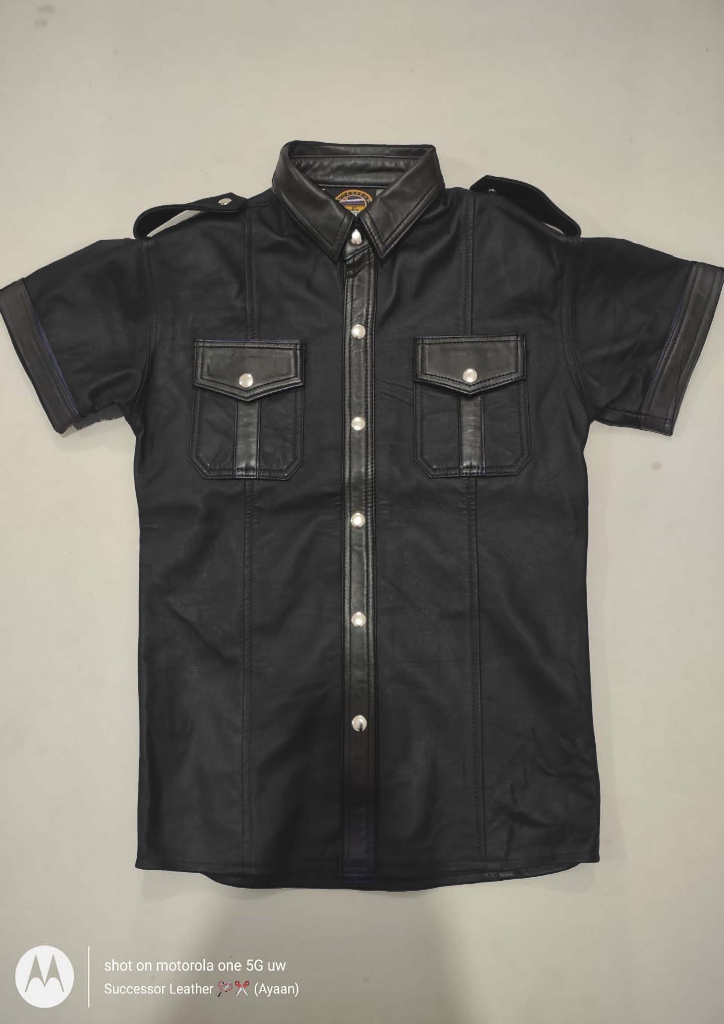 NAVY LEATHER SHIRT WITH BLACK CONTRAST.