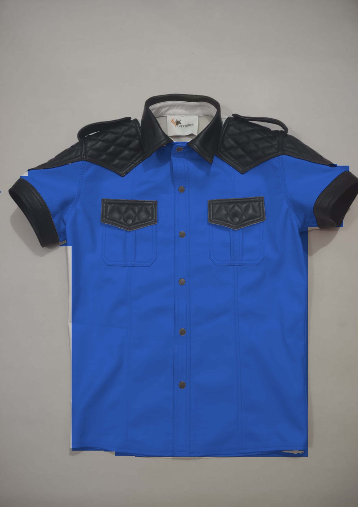 WHITE LEATHER SHIRT WITH BLACK QUILTED CONTRAST.
