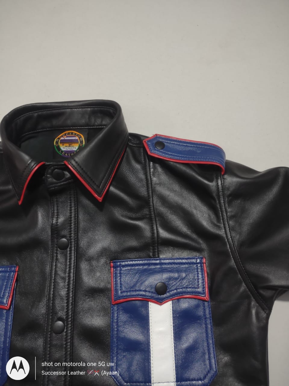 LEATHER BLACK SHIRT WITH BLUE CONTRAST AND RED PIPING