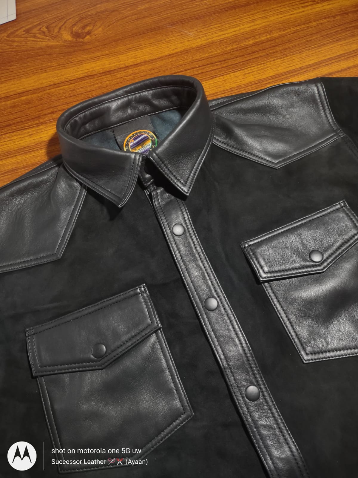 LEATHER SUEDE SHIRT WITH LAMB LEATHER CONTRAST.