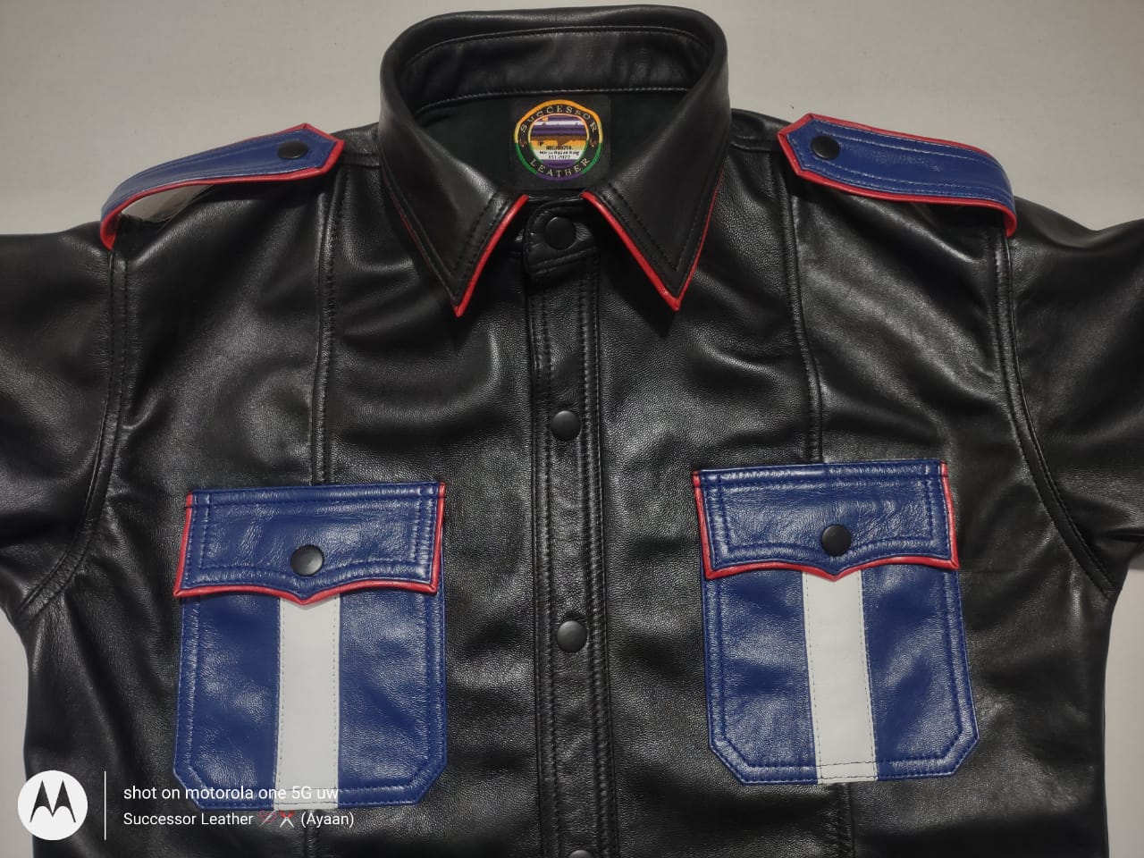 LEATHER BLACK SHIRT WITH BLUE CONTRAST AND RED PIPING