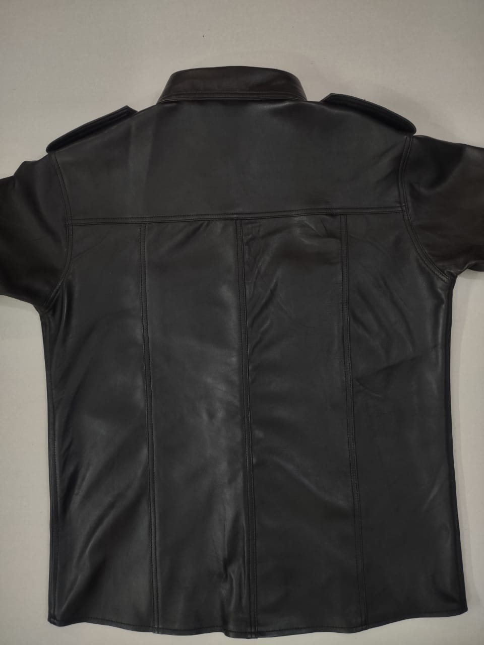 BLACK LEATHER SHIRT WITH WHITE PIPING