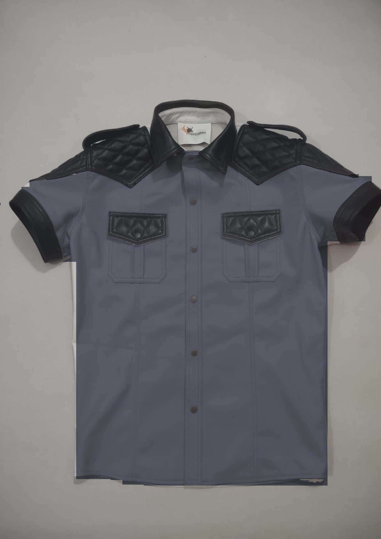 WHITE LEATHER SHIRT WITH BLACK QUILTED CONTRAST.