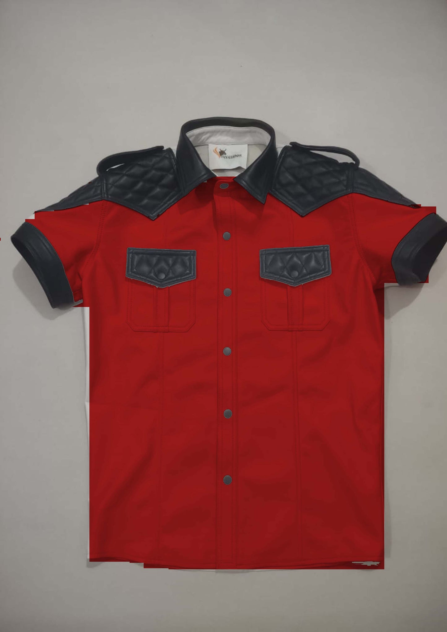 WHITE LEATHER SHIRT WITH BLACK QUILTED CONTRAST.