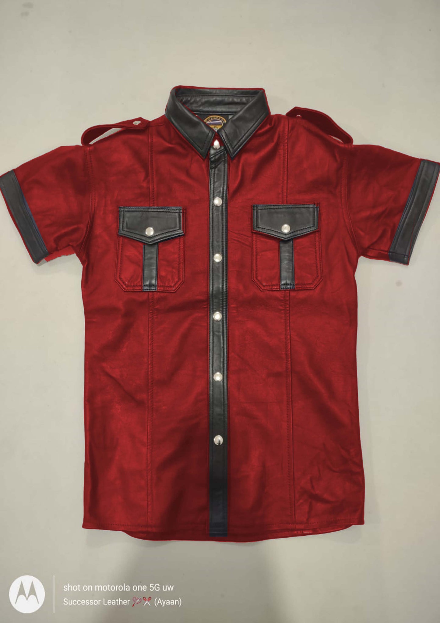 NAVY LEATHER SHIRT WITH BLACK CONTRAST.