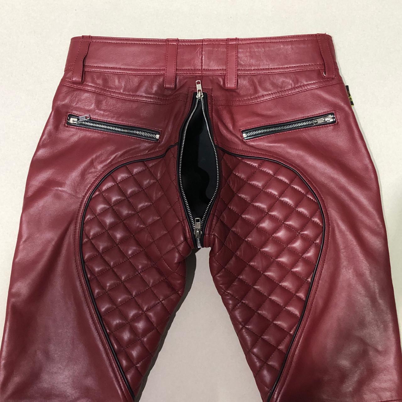 SUCCESSOR LEATHER MARRON LAMB LEATHER PANT WITH BLACK TRIMS AND QULITED