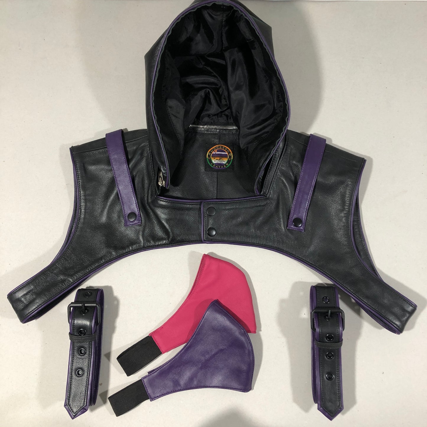 Black Leather Hood Harness with Purple trims