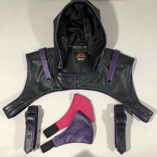Black Leather Hood Harness with Purple trims