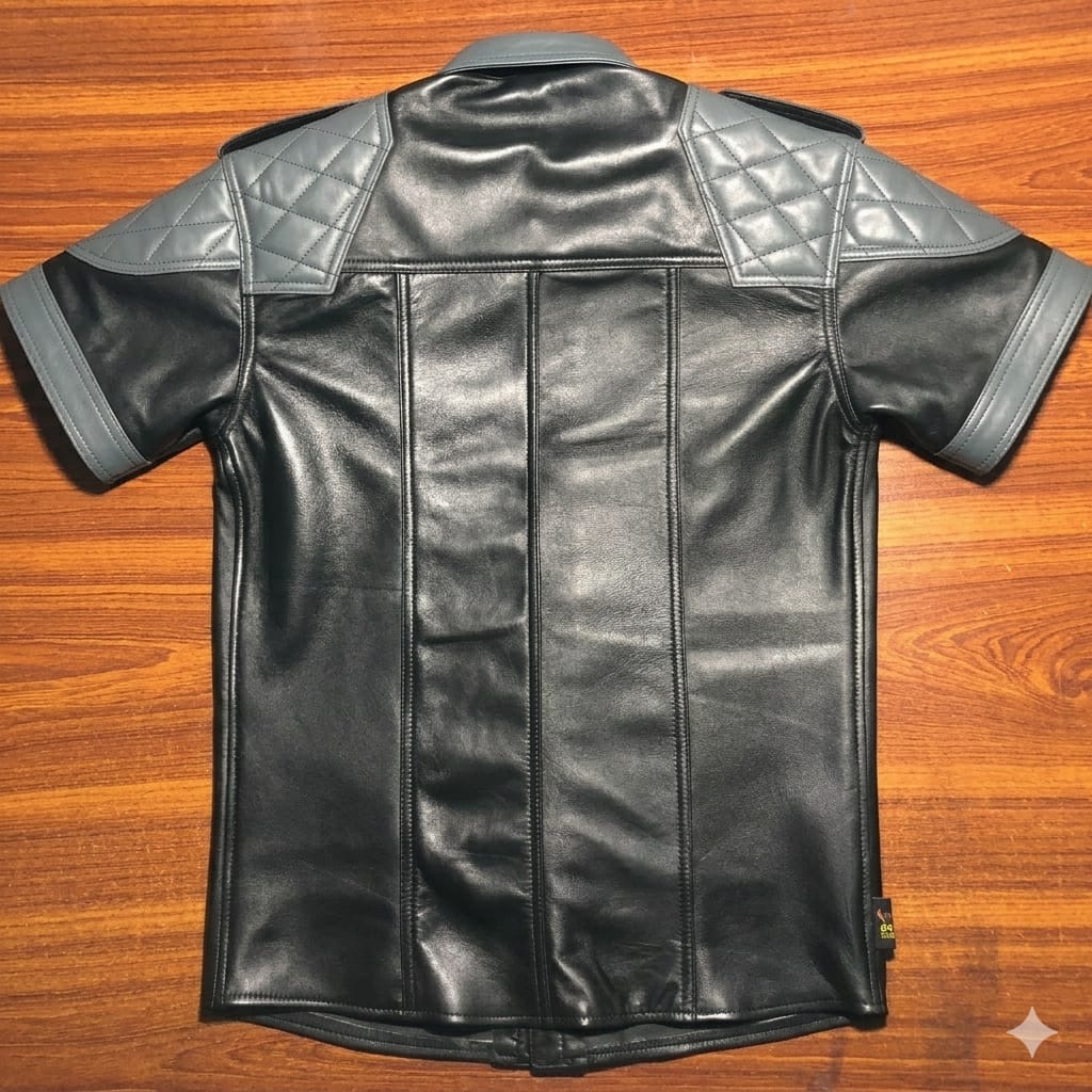 SUCCESSOR LEATHER BLACK LAMB LEATHER SHIRT WITH GRAY QULITING.