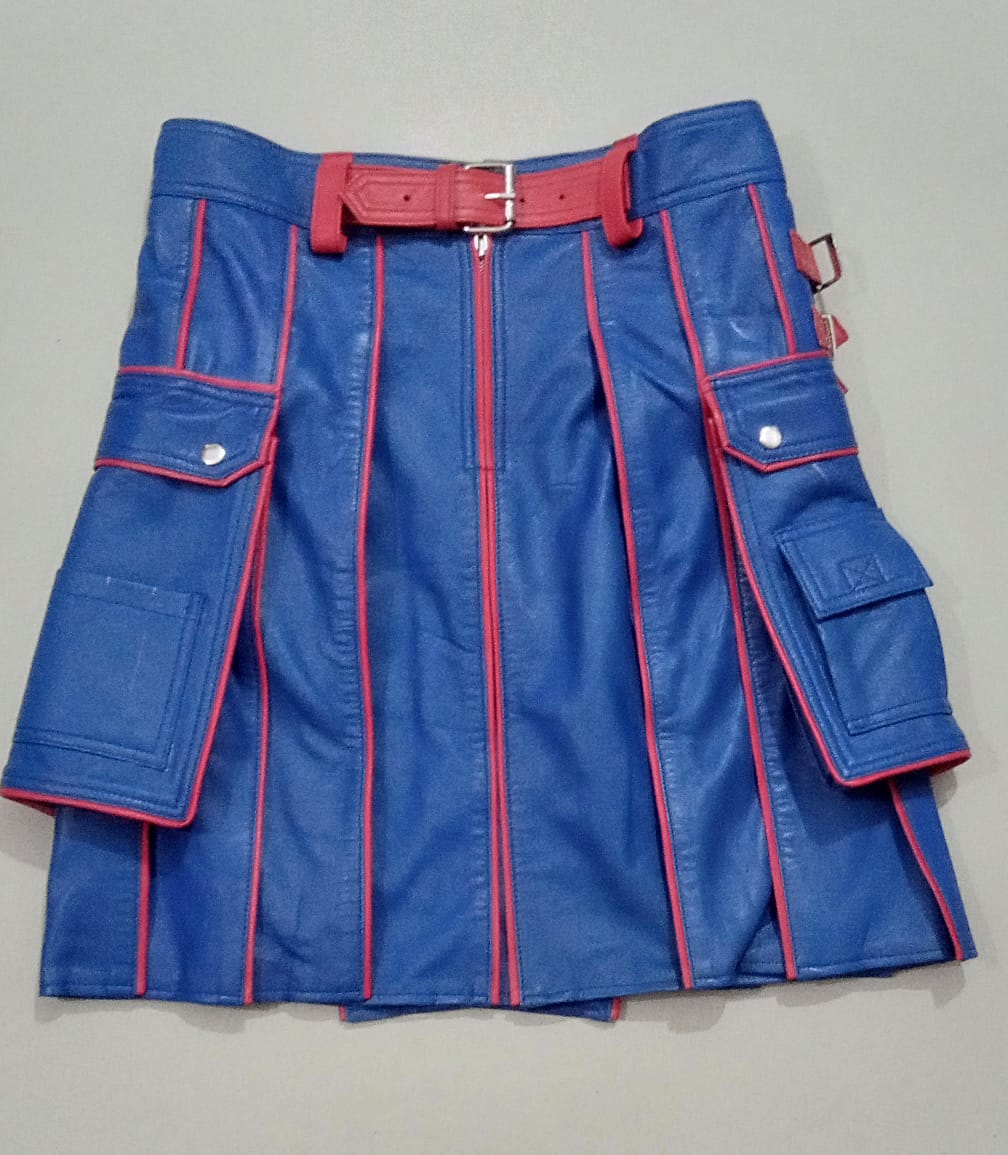 LEATHER KILT BLUE WITH RED PIPING