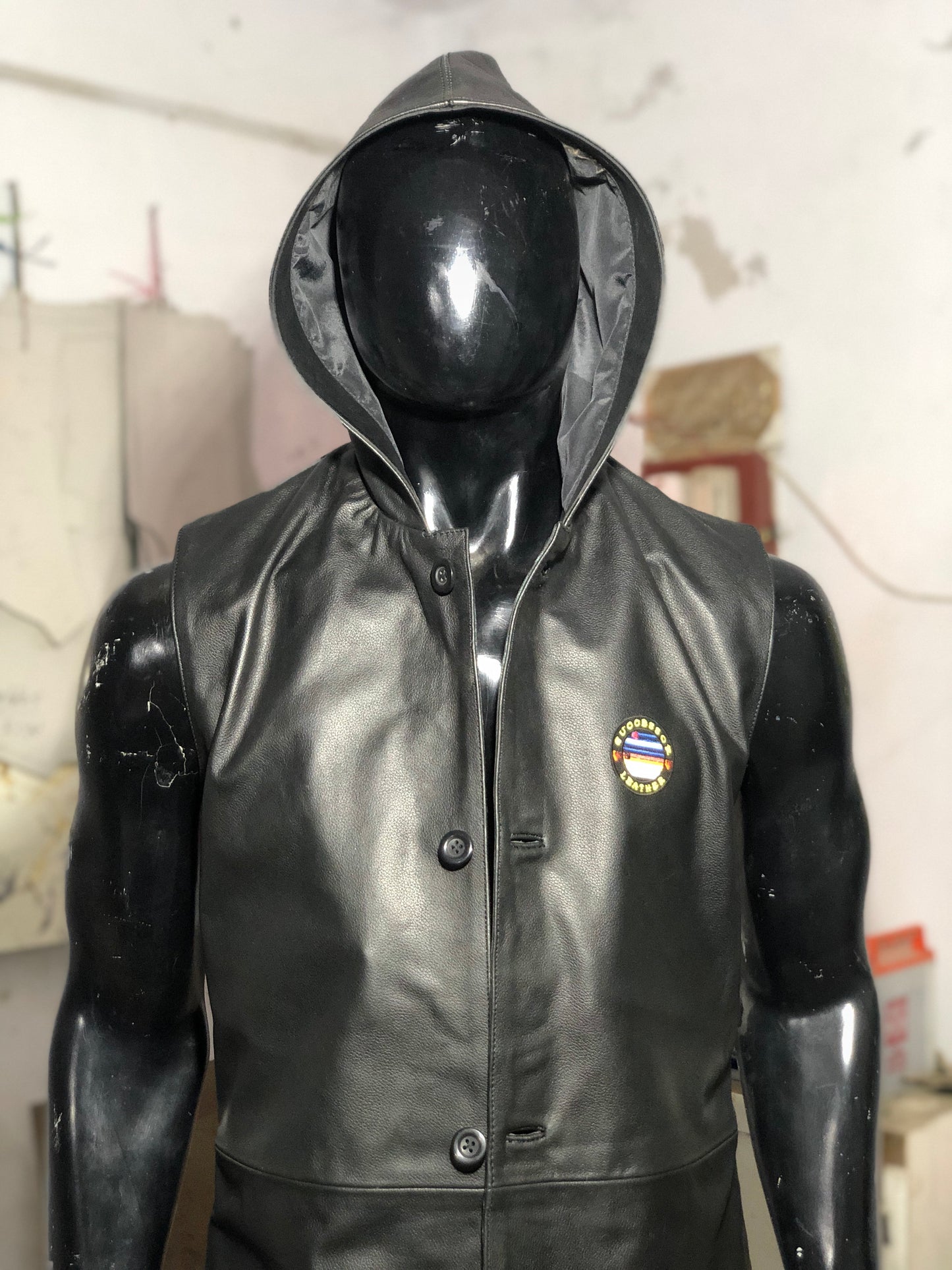 Successor Leather Black Cow Coat with hood.