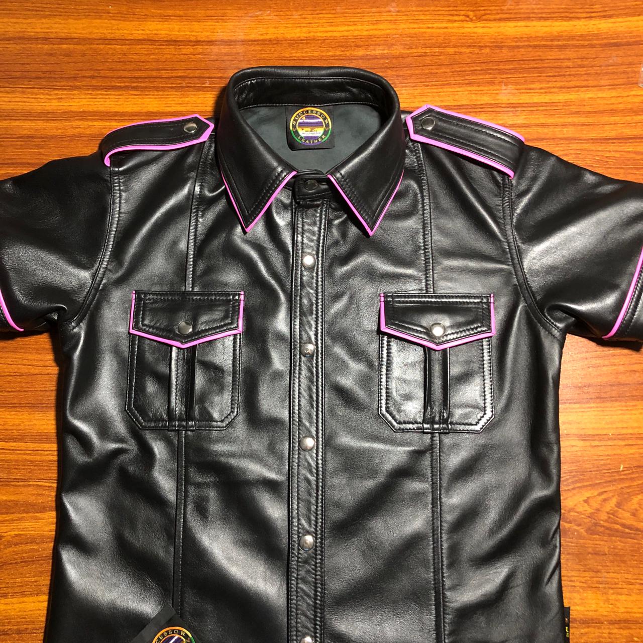 SUCCESSOR LEATHER BLACK LAMB SHIRT WITH HOT PINK PINPNG