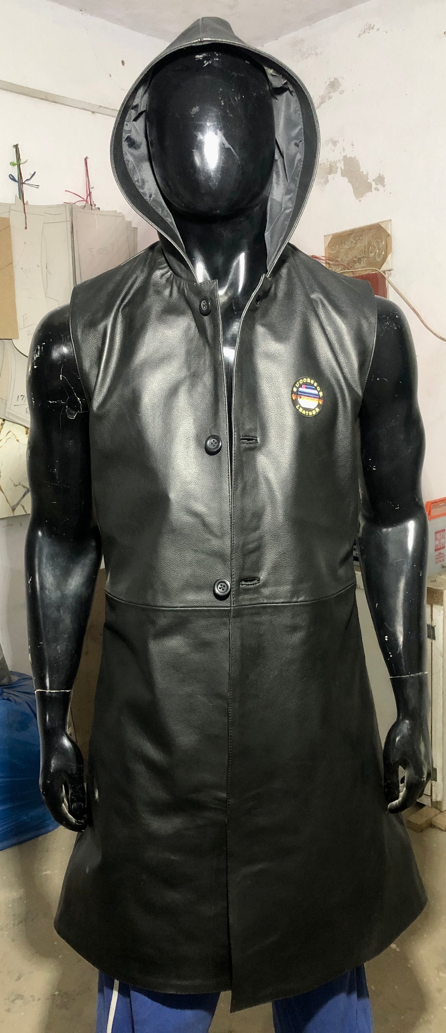 Successor Leather Black Cow Coat with hood.