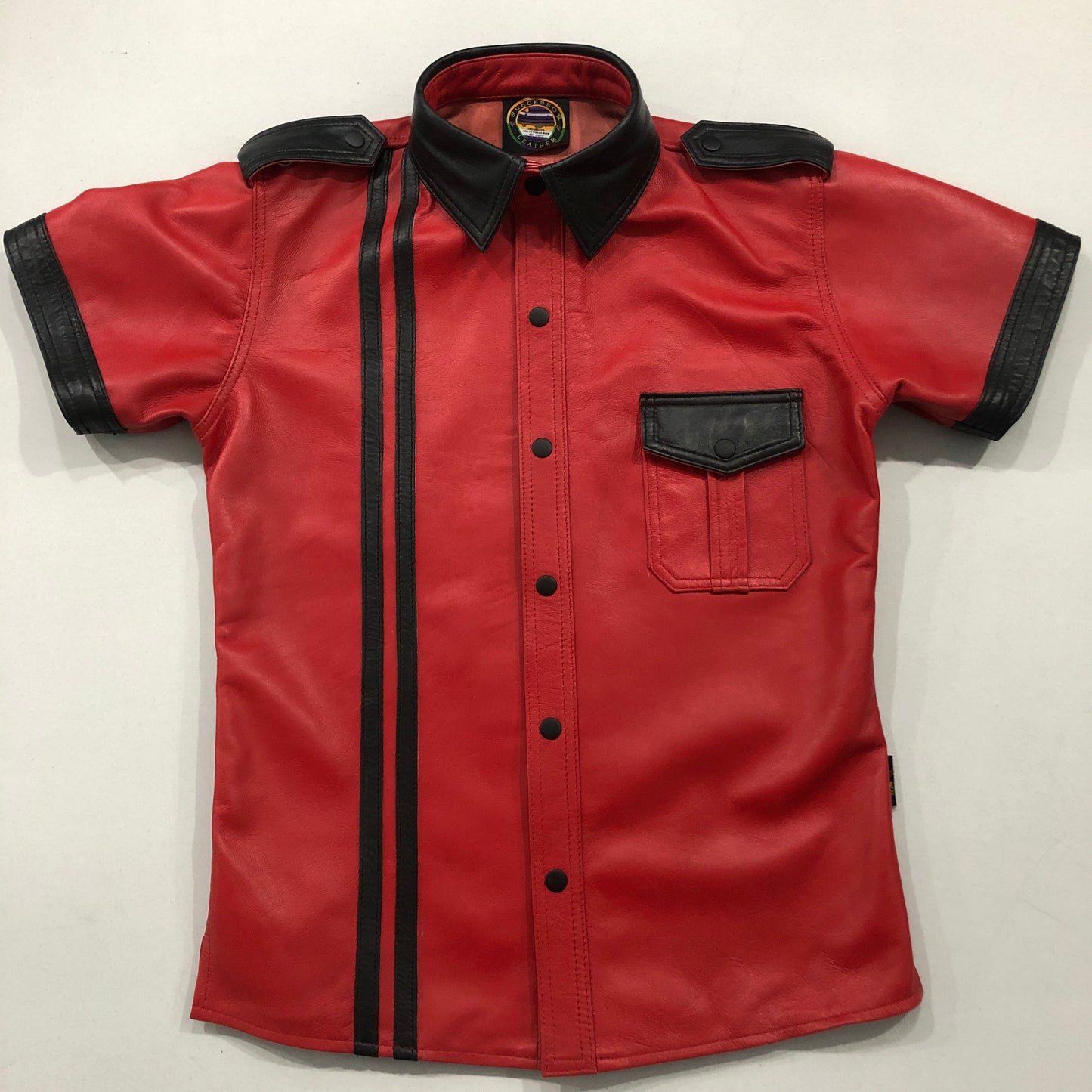 RED SHEEP LEATHER SHIRT WOTH BLACK STRIPS AND CONTRAST