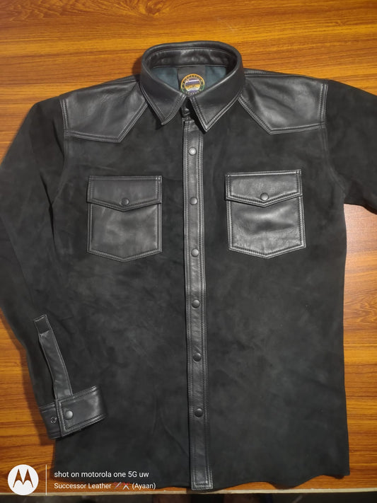 LEATHER SUEDE SHIRT WITH LAMB LEATHER CONTRAST.