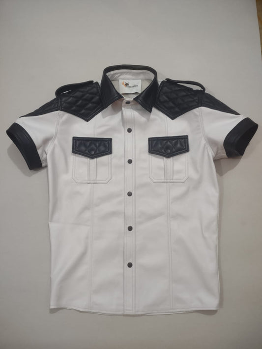 WHITE QULITED LEATHER SHIRT WITH BLACK CONTRAST.