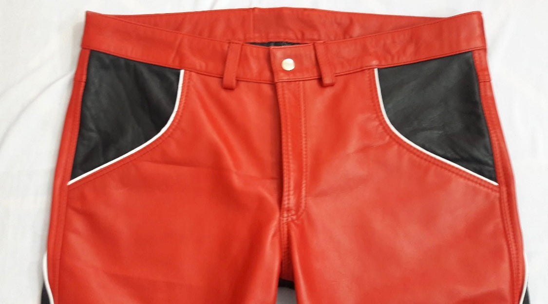 RED COW LEATHER PANT WOTH BLACK CONTRAST AND WHITE PIPING