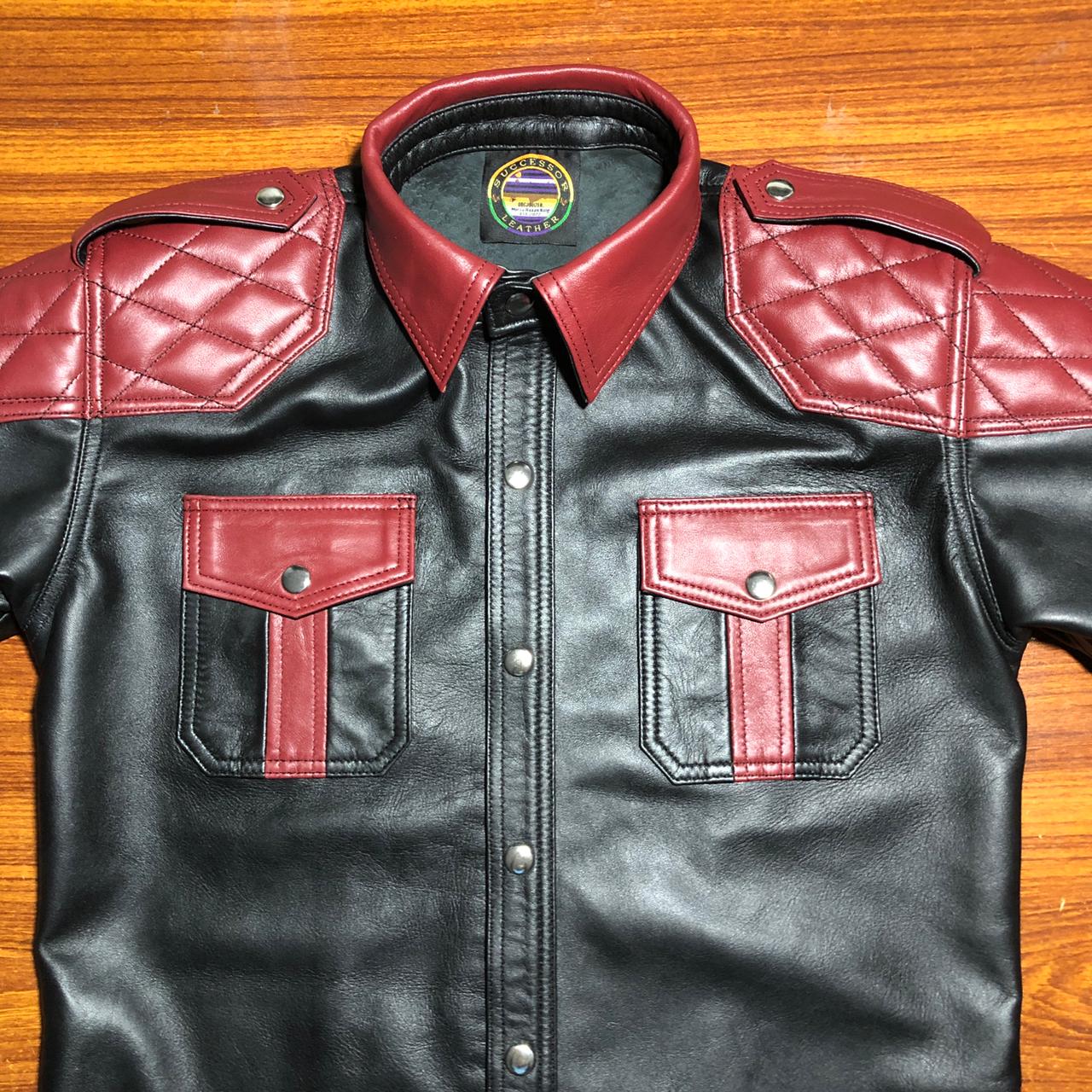 SUCCESSOR LEATHER BLACK LAMB LEATHER SHIRT WITH MAROON QULITED CONTRAST