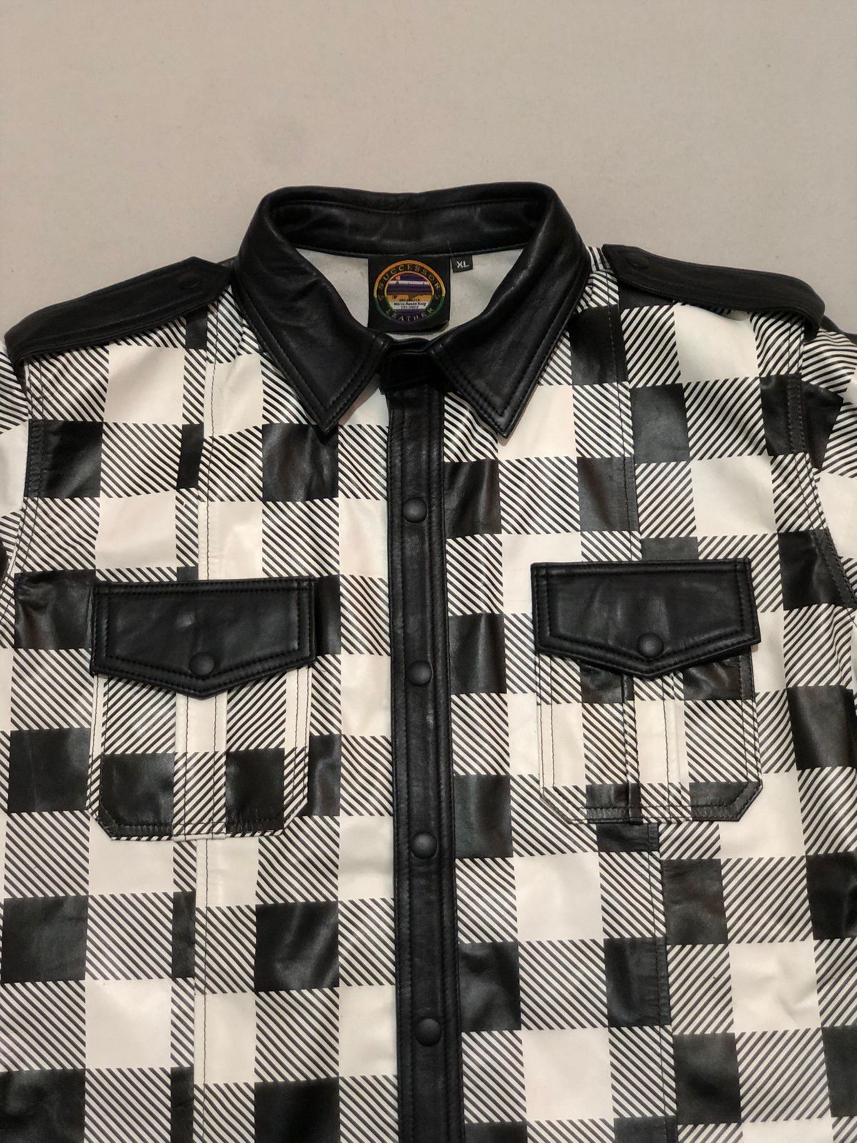 White Fannel Cow Leather shirt With Black Contrast