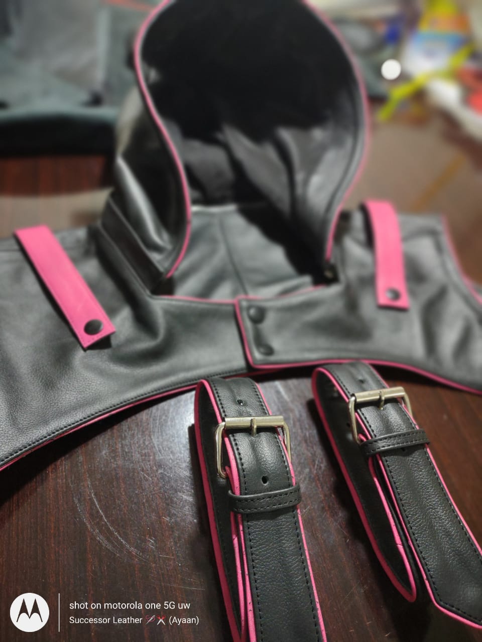 Custom made leather chest harness with detachable hood