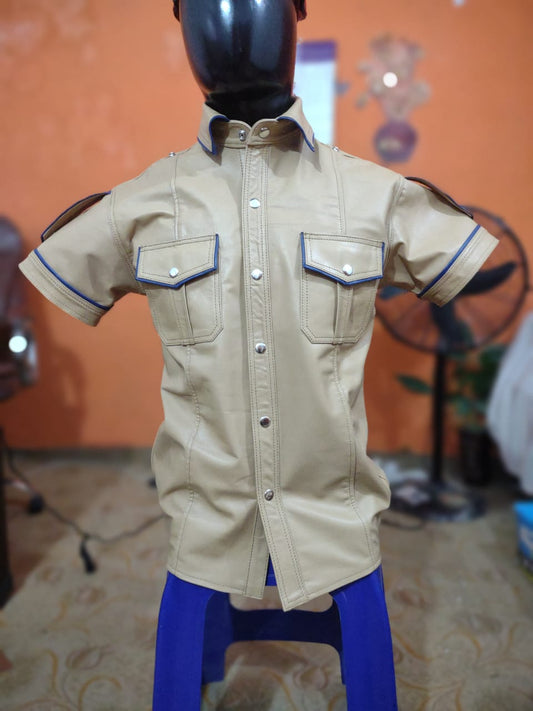 LEATHER BIEGE SHIRTS WITH BLUE PIPING