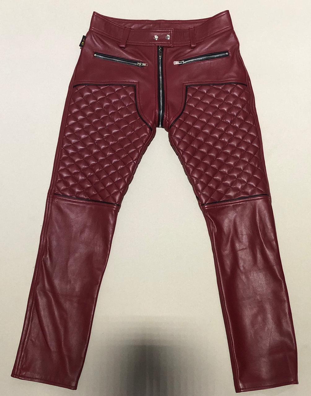 SUCCESSOR LEATHER MARRON LAMB LEATHER PANT WITH BLACK TRIMS AND QULITED