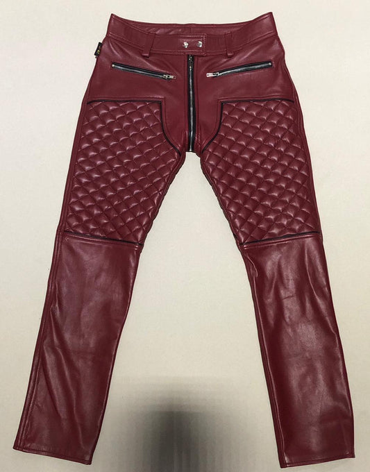 SUCCESSOR LEATHER MARRON LAMB LEATHER PANT WITH BLACK TRIMS AND QULITED