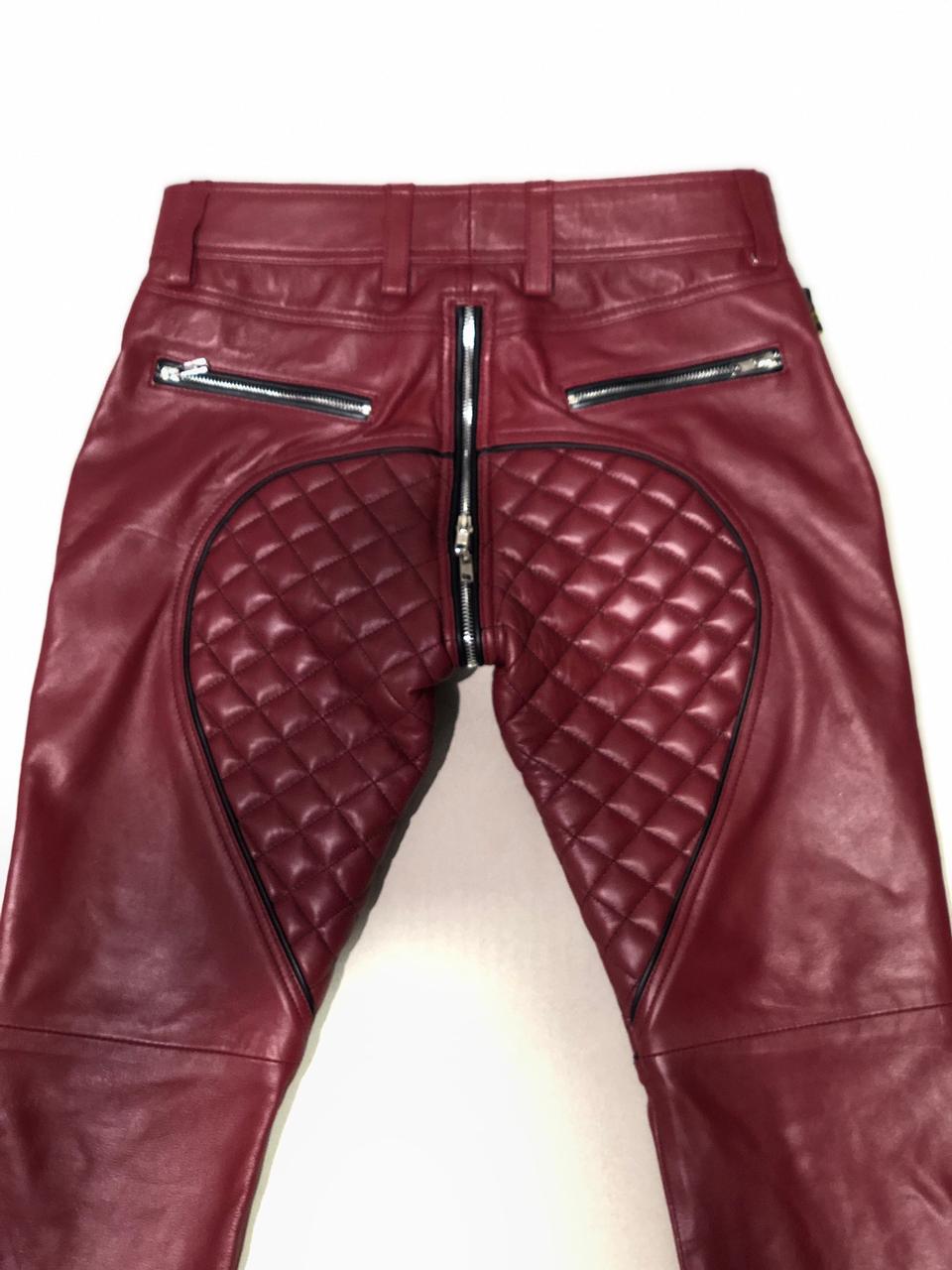 SUCCESSOR LEATHER MARRON LAMB LEATHER PANT WITH BLACK TRIMS AND QULITED