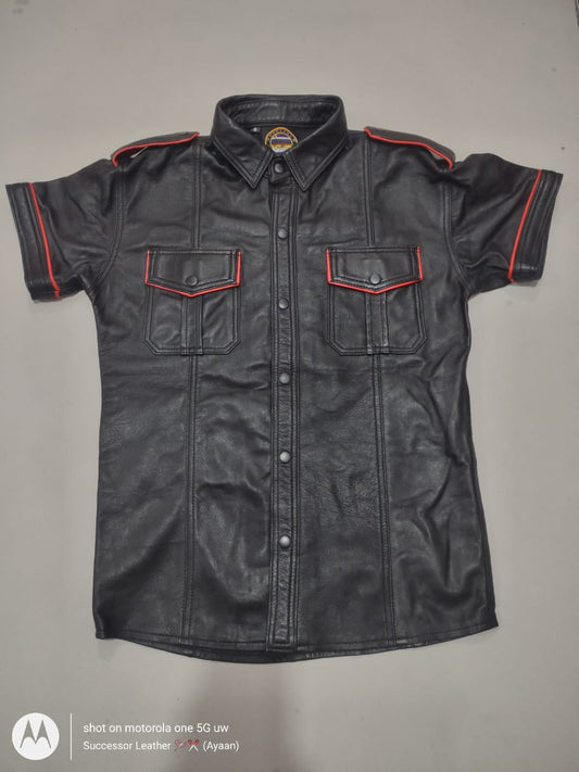 BLACK LEATHER SHIRT WITH RED CONTRAST.