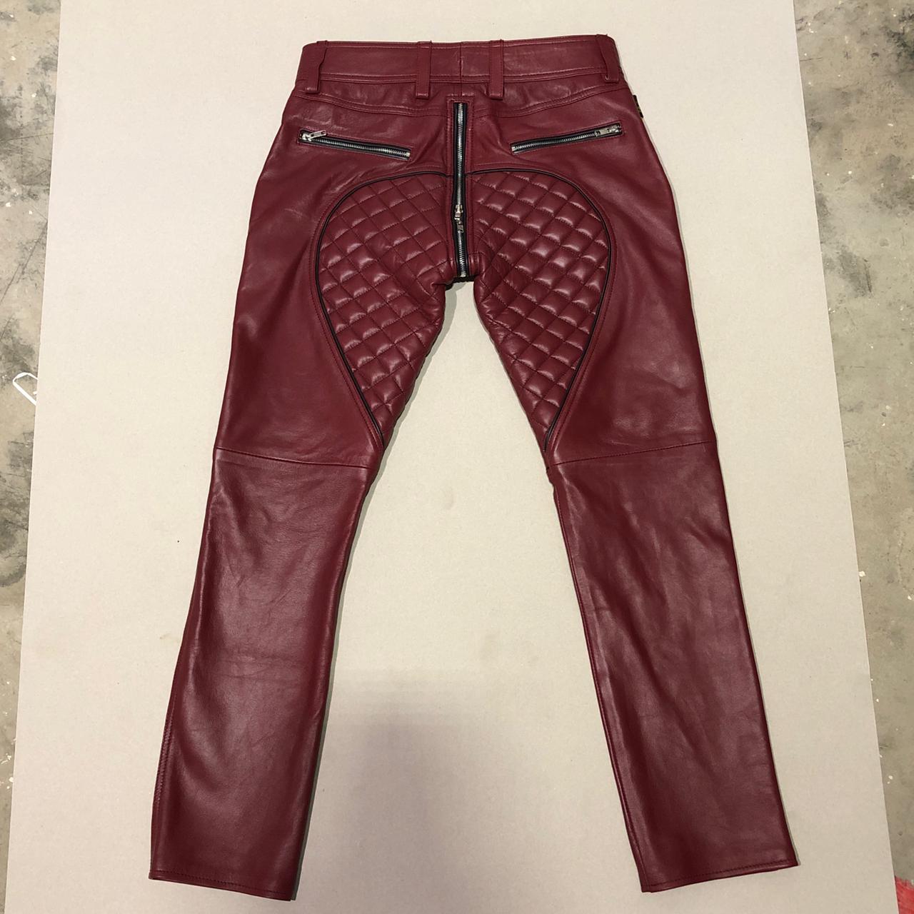 SUCCESSOR LEATHER MARRON LAMB LEATHER PANT WITH BLACK TRIMS AND QULITED