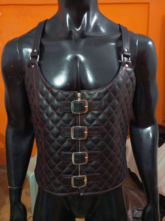 LEATHER QUILTED CORSET VEST WITH RED THREAD