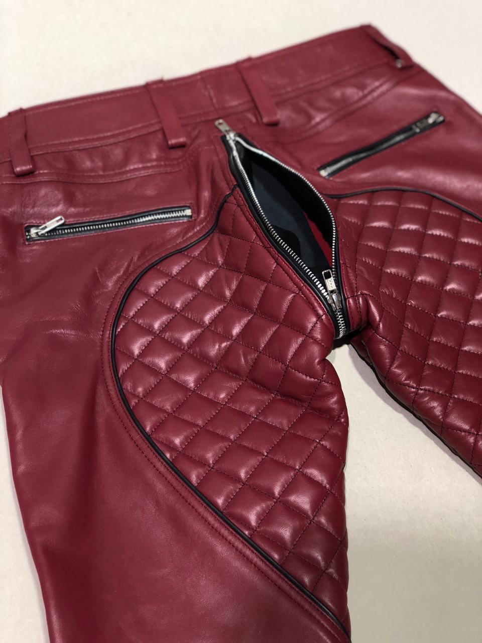 SUCCESSOR LEATHER MARRON LAMB LEATHER PANT WITH BLACK TRIMS AND QULITED