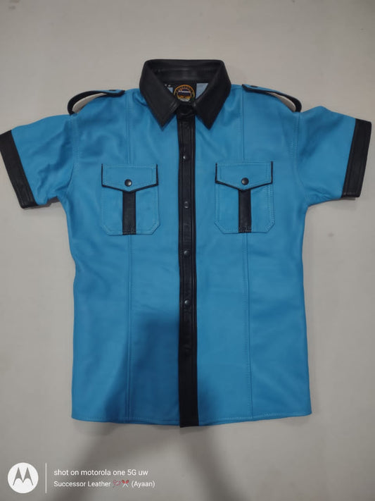 SKY BLUE LEATHER SHIRT WITH BLACK CONTRAST.