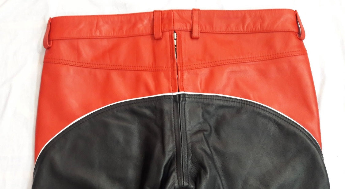 RED COW LEATHER PANT WOTH BLACK CONTRAST AND WHITE PIPING