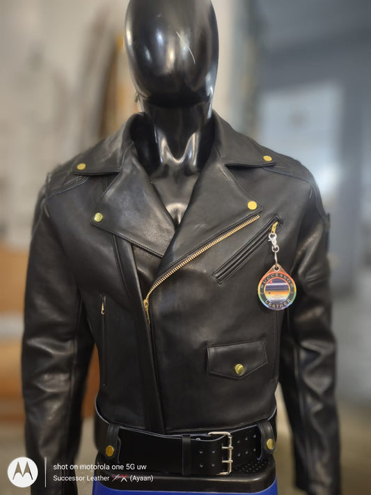 LEATHER BLACK MOTOR BIKER JACKET IN COW HIDE.