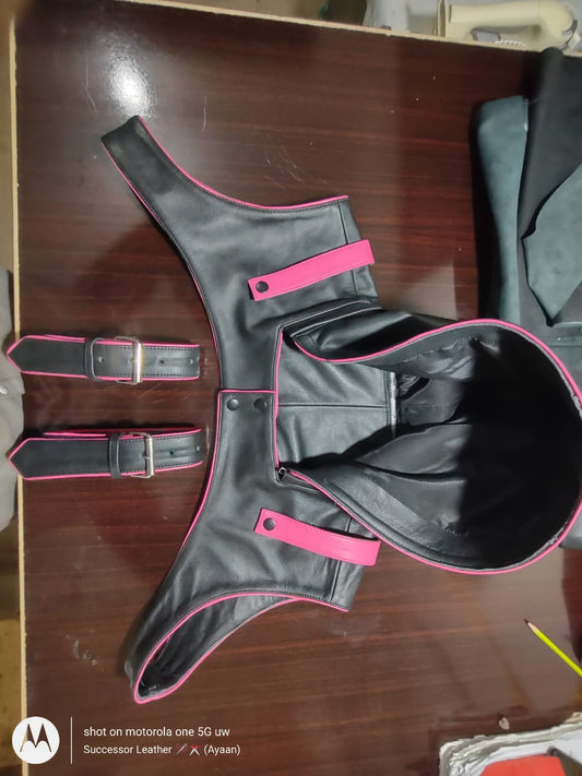 Custom made leather chest harness with detachable hood