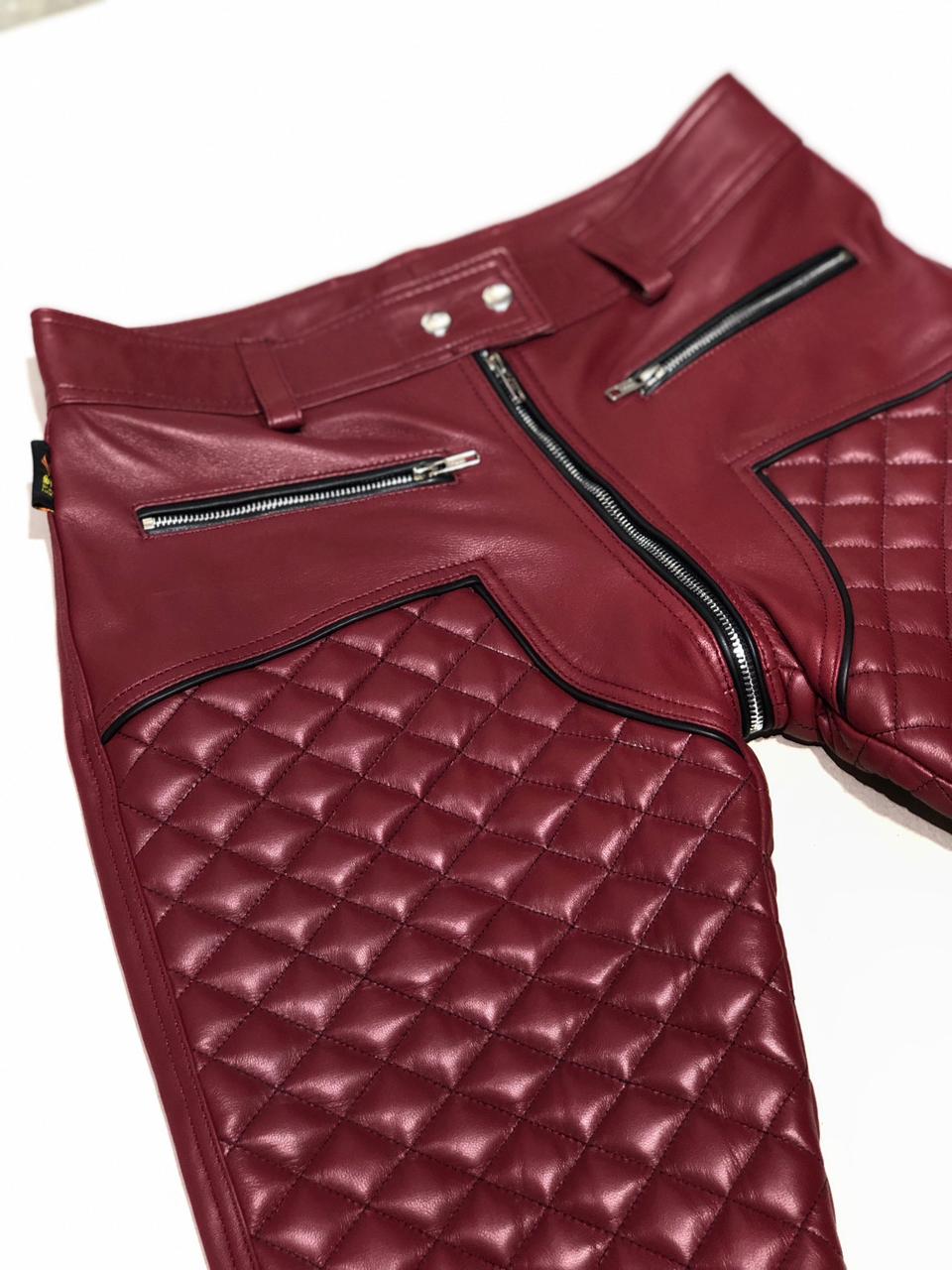 SUCCESSOR LEATHER MARRON LAMB LEATHER PANT WITH BLACK TRIMS AND QULITED