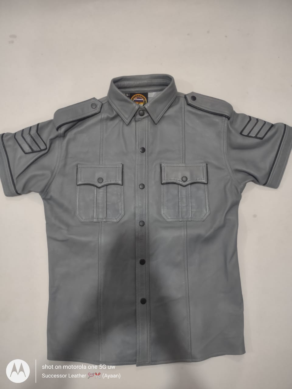 CUSTOM MADE GREY LEATHER SHIRT WITH BLACK CONTRAST.