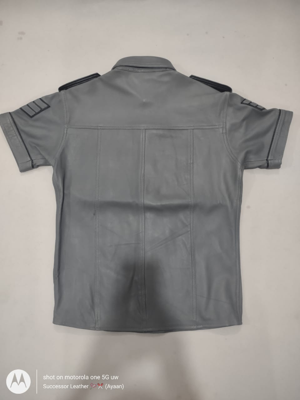 CUSTOM MADE GREY LEATHER SHIRT WITH BLACK CONTRAST.