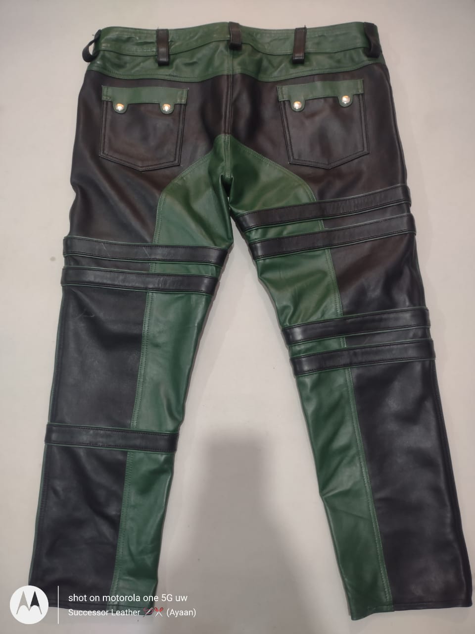 SHEEP LEATHER STRIPES PANT GREEN WITH BLACK CONTRAST