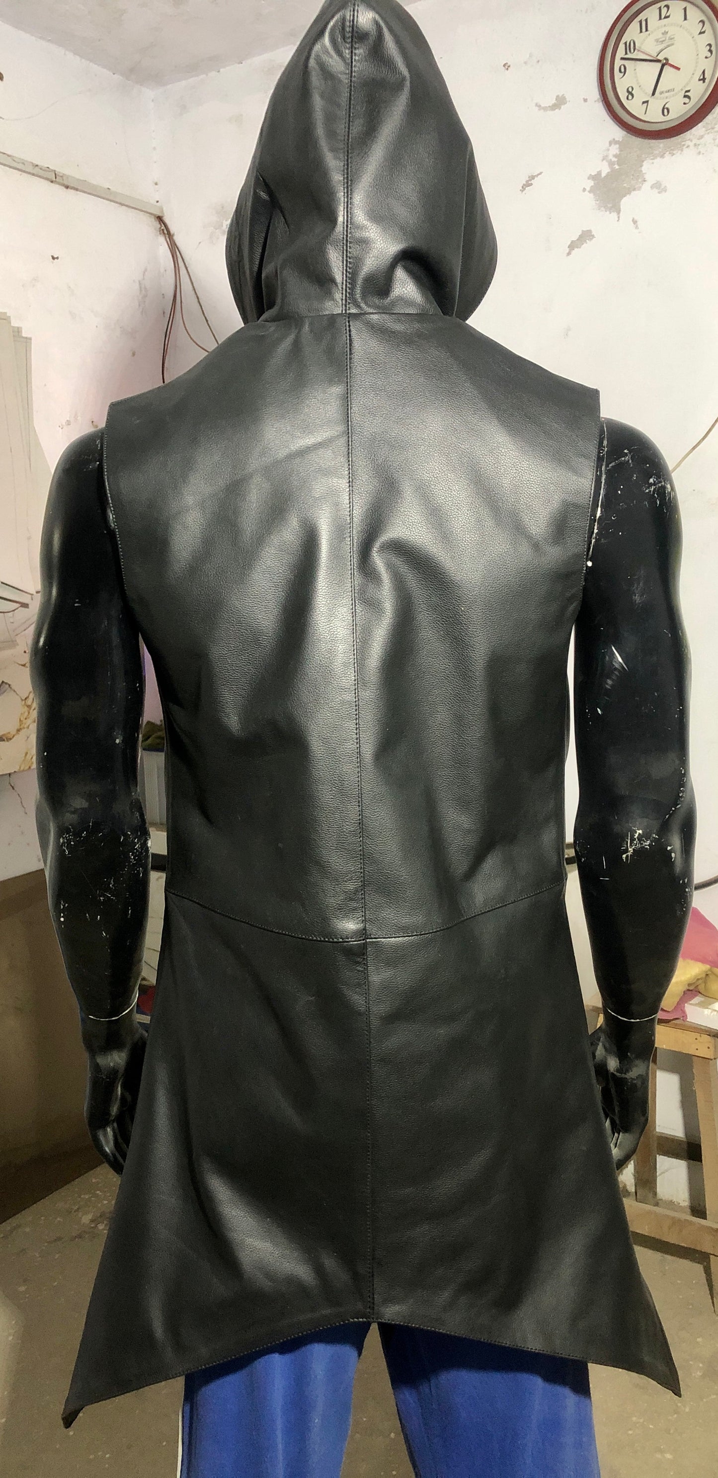 Successor Leather Black Cow Coat with hood.