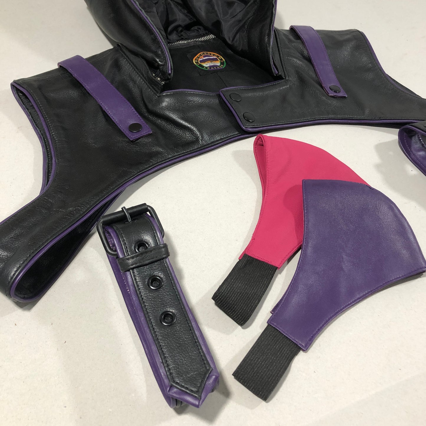 Black Leather Hood Harness with Purple trims