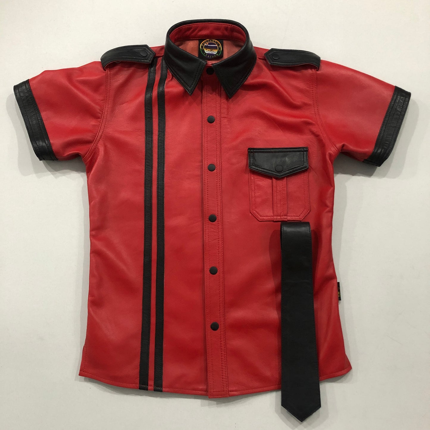 RED SHEEP LEATHER SHIRT WOTH BLACK STRIPS AND CONTRAST